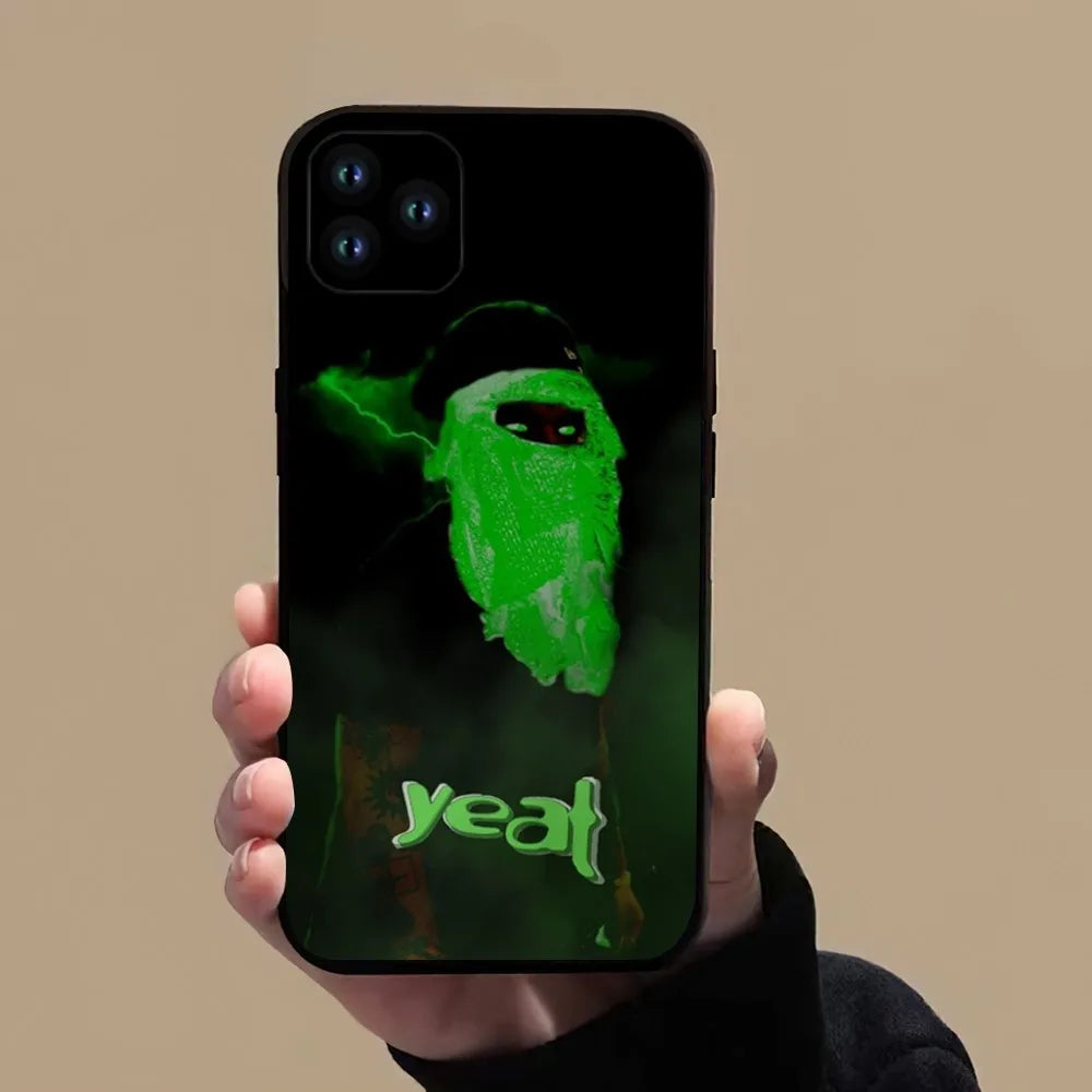 Black yeat rapper afterlyfe phone case for pro xs max with glowing green masked figure and neon yeat lettering on back side