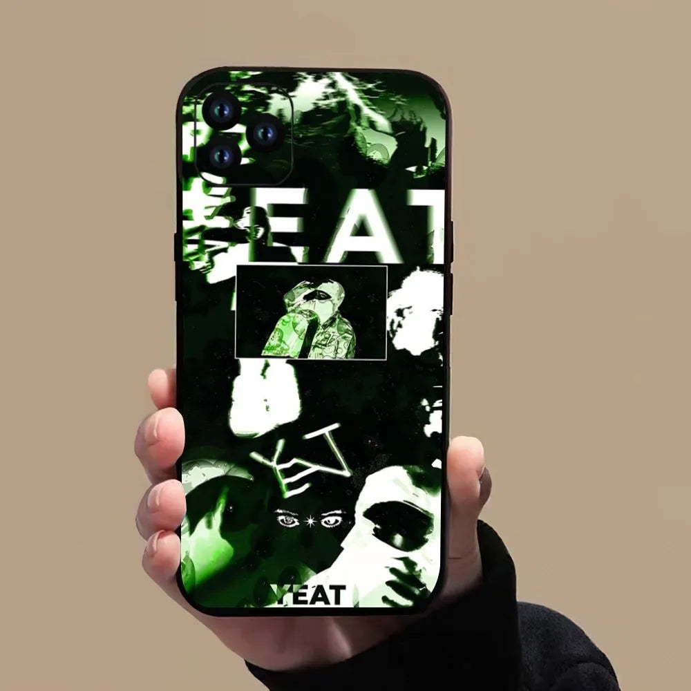 Back view of black yeat rapper afterlyfe phone case for iphone pro xs max with green and white graphic design