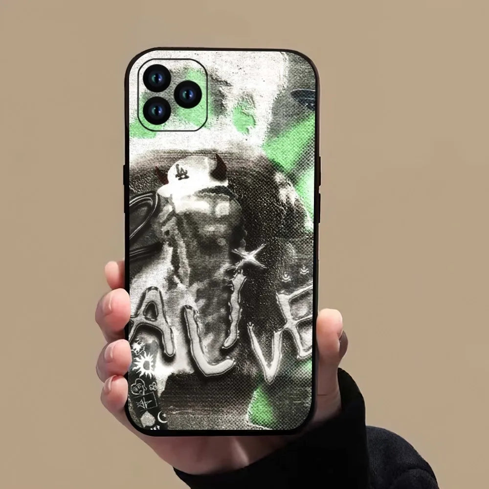 Back side of black and green yeat rapper afterlyfe phone case with stylized skull for iphone pro xs max and more