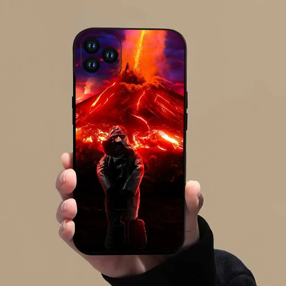 Back side of a vibrant yeat rapper afterlyfe phone case for pro xs max featuring volcanic eruption and hooded figure design