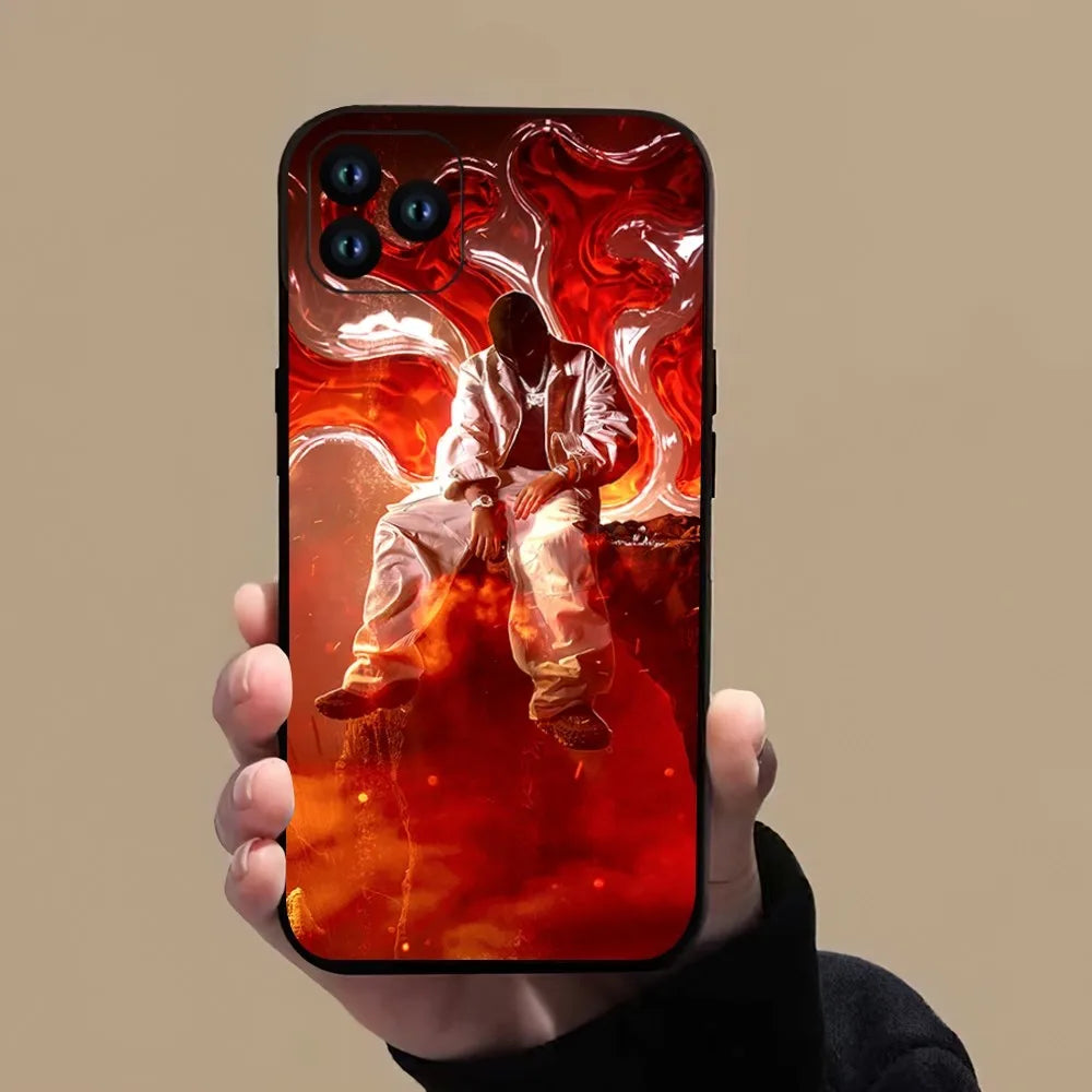Glossy yeat rapper afterlyfe phone case for iPhone pro xs max featuring red orange abstract flames and seated figure on back side