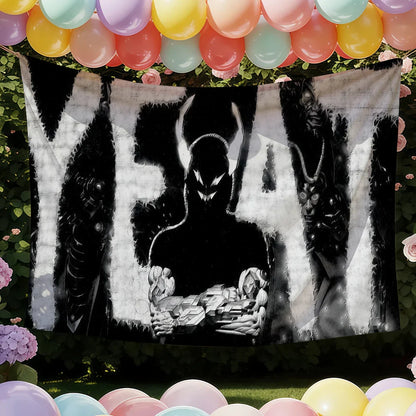Black and white spider-man tapestry with bold yeah lettering and figure holding money showing color difference for decoration