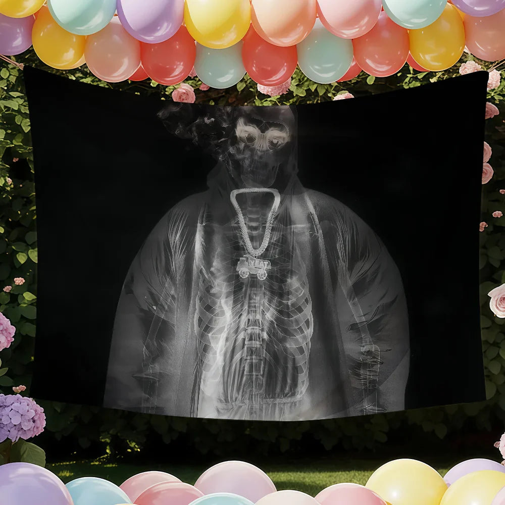 Black tapestry featuring a grayscale x-ray style image of a person with gas mask and necklaces highlighting color difference for yeat singer a dangerous lyfe flag decoration