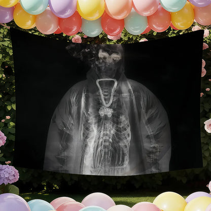 Black tapestry featuring a grayscale x-ray style image of a person with gas mask and necklaces highlighting color difference for yeat singer a dangerous lyfe flag decoration