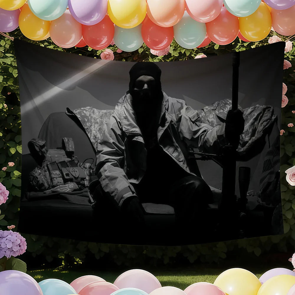 Black-and-white photographic tapestry featuring a tactical figure with rifle against colorful balloons highlighting color difference for birthday party and outdoor decor