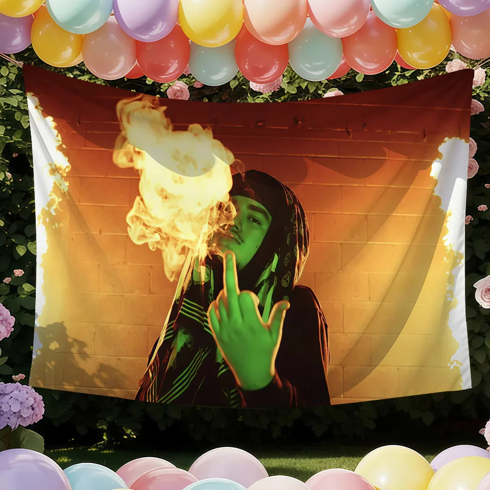 A vibrant yeat singer a dangerous lyfe flag tapestry with green skin portrait and orange brick background showing color difference