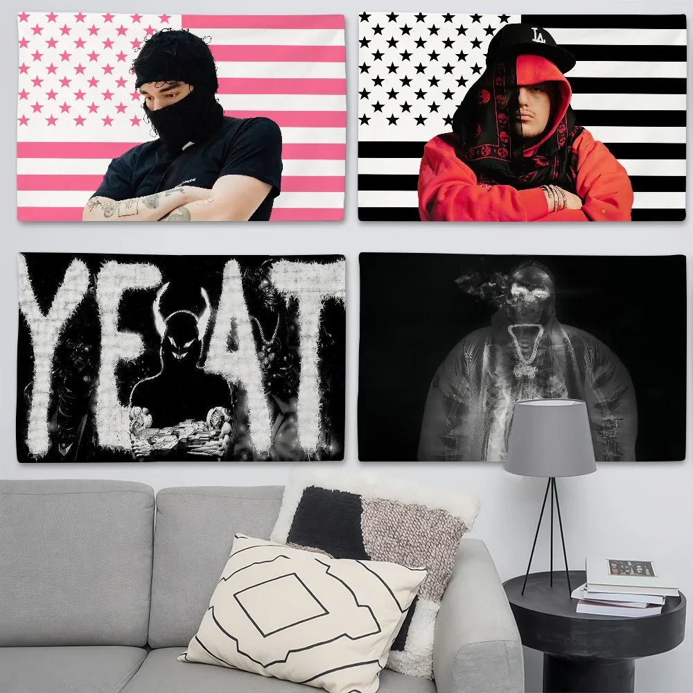 Four rectangular wall art prints featuring rapper yeat in colorful designs with color difference for living room and parties
