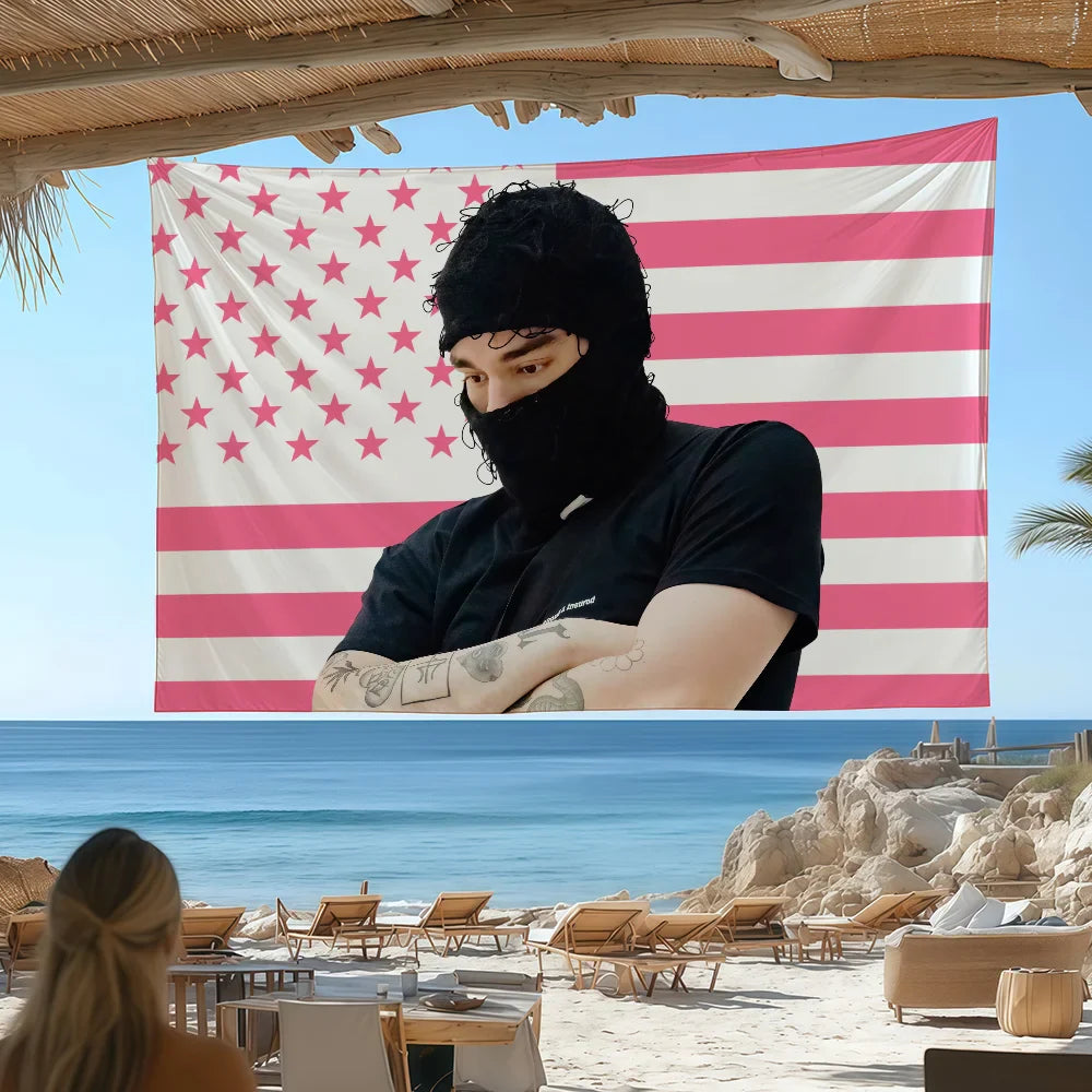 Yeat singer a dangerous lyfe pink and white american flag tapestry with star pattern showing color difference for decor