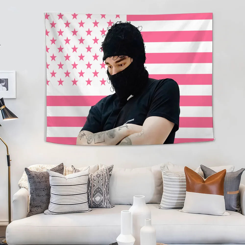 Pink and white star-striped yeat singer a dangerous lyfe flag tapestry with a black attire portrait highlighting color difference