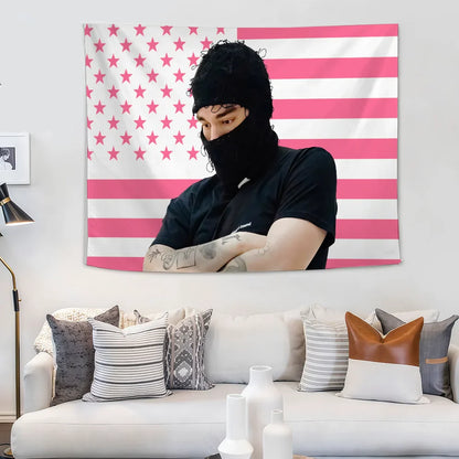 Pink and white star-striped yeat singer a dangerous lyfe flag tapestry with a black attire portrait highlighting color difference