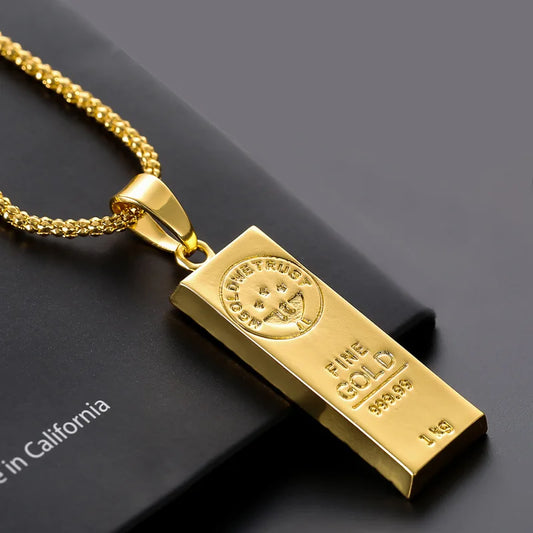 Yellow gold plated hip hop gold bar bullion pendant necklace with engraved rectangular bar and matching chain for men and women