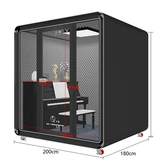 Black portable booth recording studio with transparent glass panels and red caster wheels for soundproof room home use