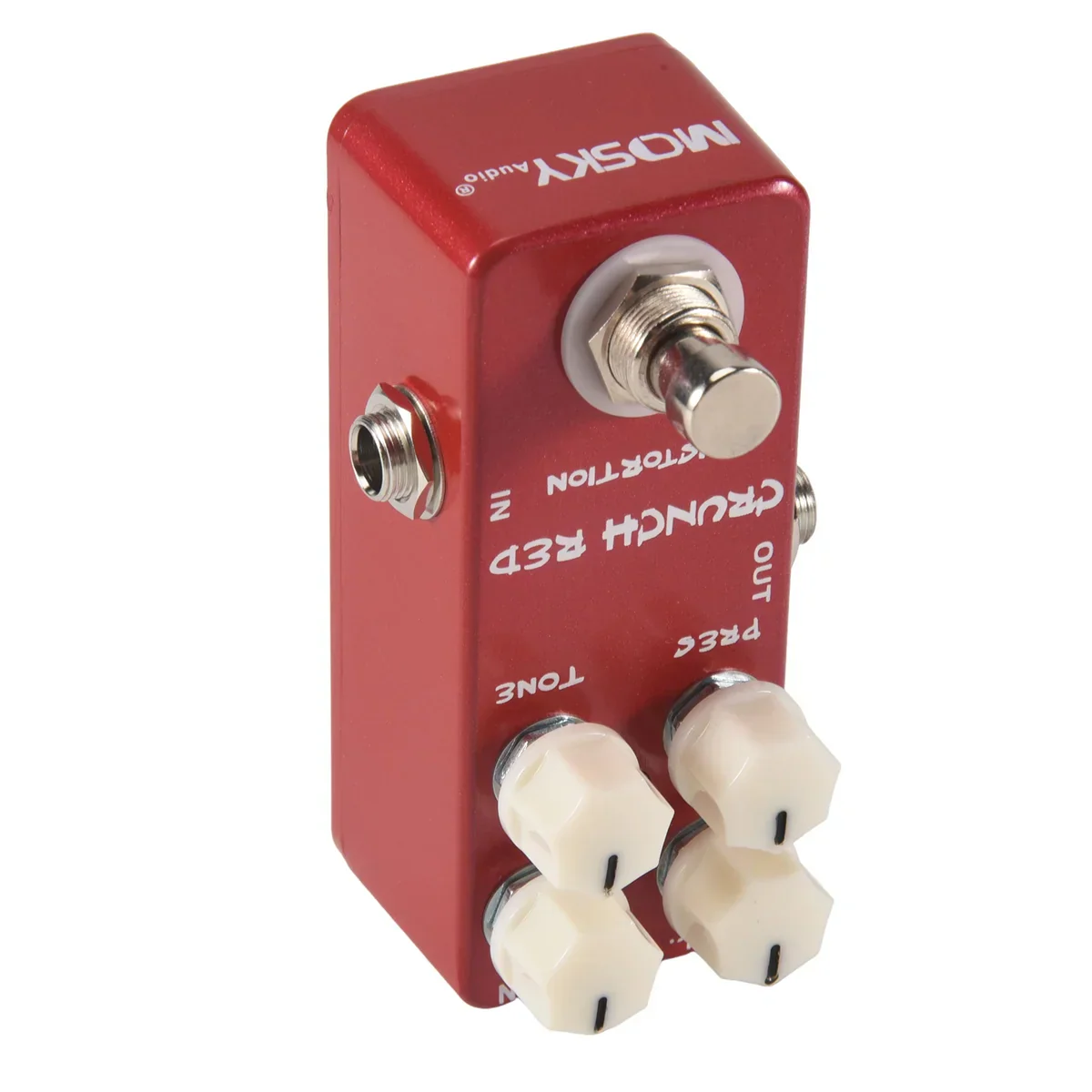 Red rectangular mosky mini crunch red distortion guitar pedal with white knobs metal shell and true bypass
