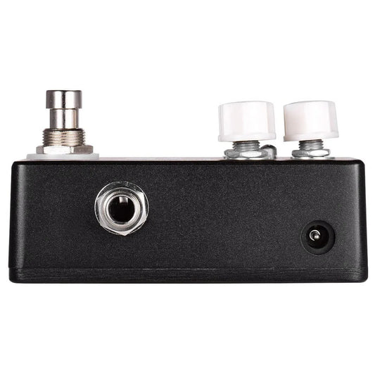 Black rectangular yhvc-mosky mini muff fuzz electric guitar effect pedal with silver jack white knobs and footswitch showing bypass status