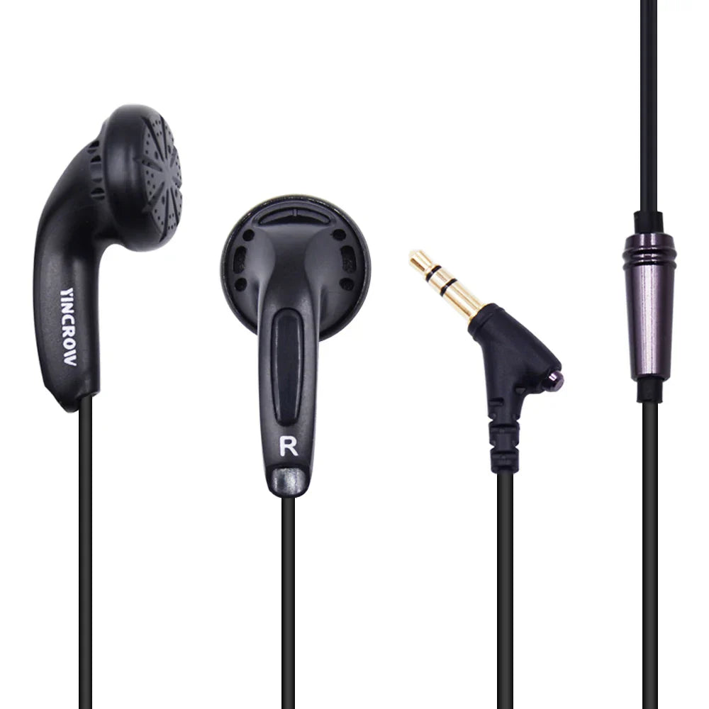 Black yincrow x6 earphone earbud flat with matte finish angled 3.5mm jack and metallic cable housing accent for monk audio hifi