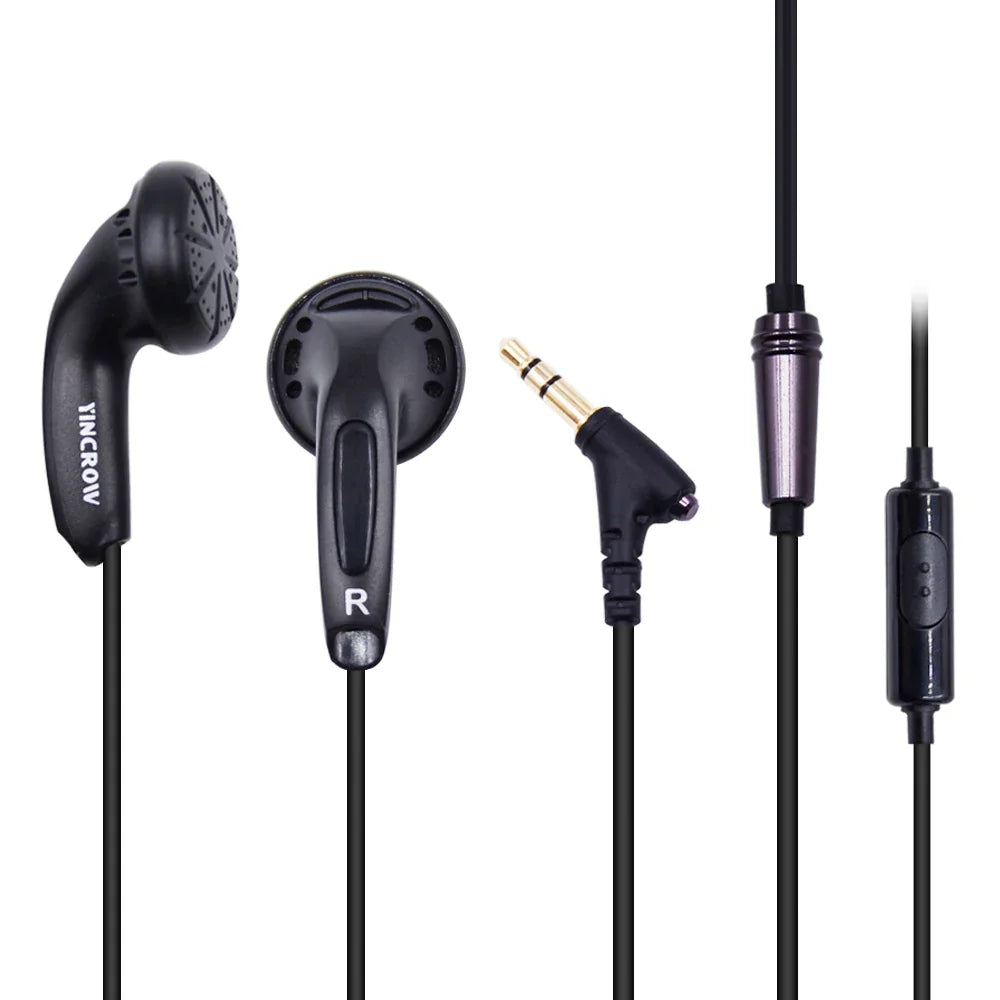 Black yincrow x6 earphone earbud flat with sleek ergonomic design and gold-plated 3.5mm jack for monk audio hifi use