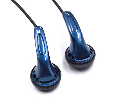 Blue metallic yincrow x6 earphone earbud flat with black cables featuring sleek ergonomic design for monk audio hifi use