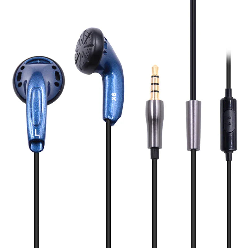 Blue metallic yincrow x6 earphone earbud flat with black tips silver 3.5mm jack and kill monk audio hifi inline control