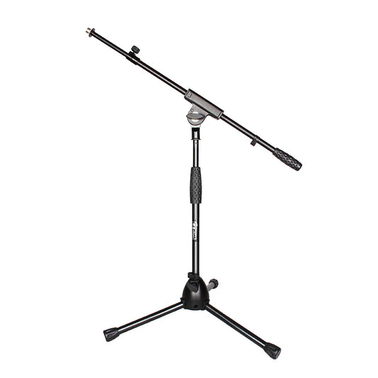 Black metal professional telescopic boom microphone stand with adjustable arm and tripod base for studio recording and live performance