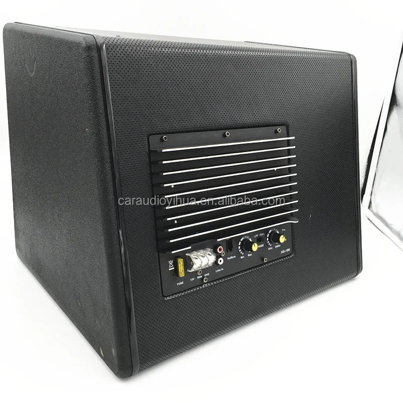 Black rectangular yiyelang car audio subwoofer with textured grille control panel knobs input jacks silver slats bass amplifier car