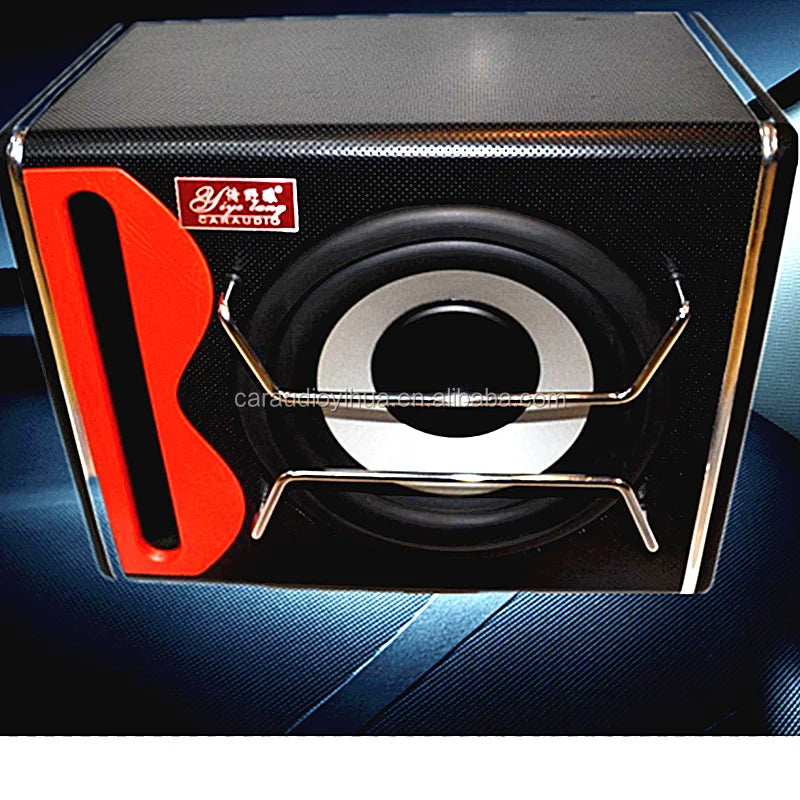 Yiyelang car audio black and red subwoofer with carbon fiber texture silver cone chrome frame bass amplifier car speaker