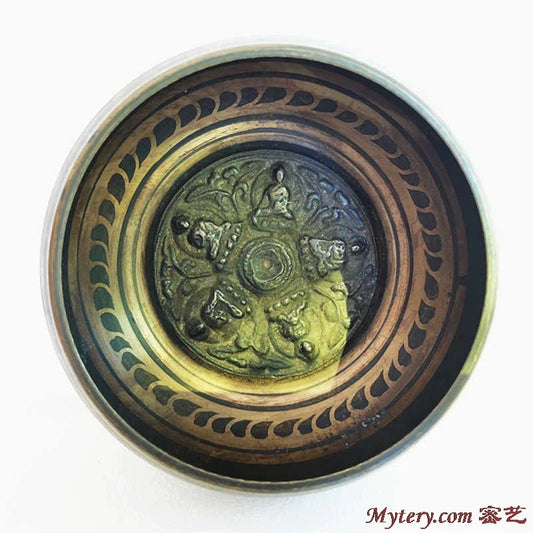 Antique brass Tibetan singing bowl five with intricate engraved medallion for yoga healing meditation musical instruments