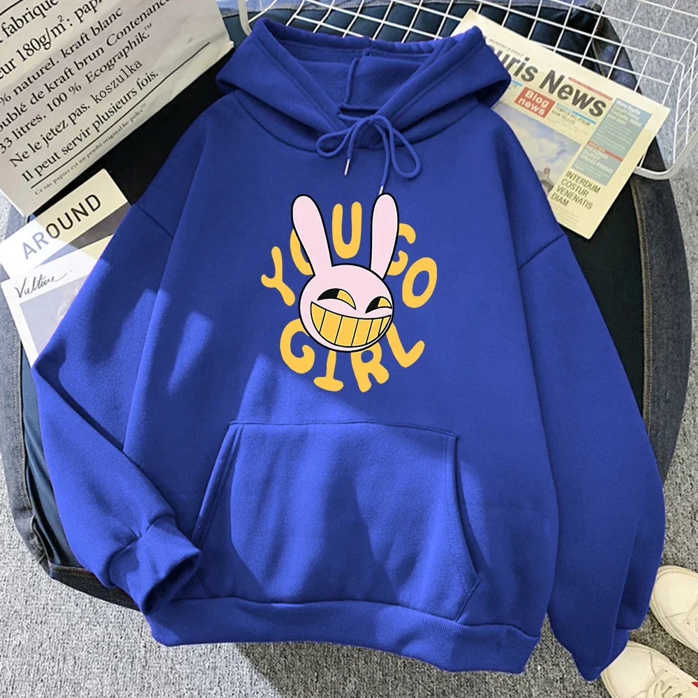 Royal blue digital circus jax rabbit hoodie unisex with cartoon bunny and bold yellow you go girl lettering for fashion women harajuku