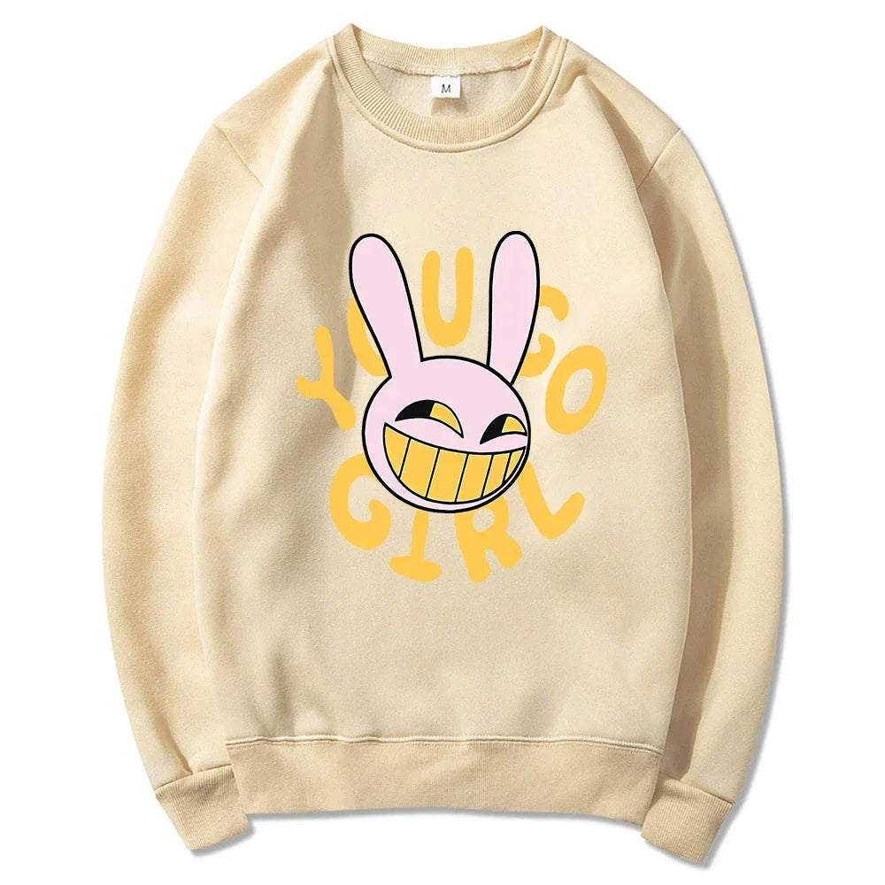 Beige crewneck sweatshirt featuring digital circus jax pink bunny with yellow eyes and yugo girl text for fashion women harajuku rabbit hoodie unisex