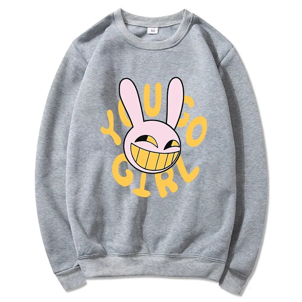 Gray crewneck sweatshirt with pink cartoon bunny and bold yellow young girl text digital circus jax rabbit hoodie unisex