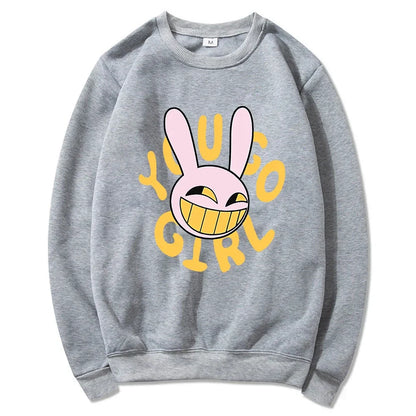 Gray crewneck sweatshirt with pink cartoon bunny and bold yellow young girl text digital circus jax rabbit hoodie unisex