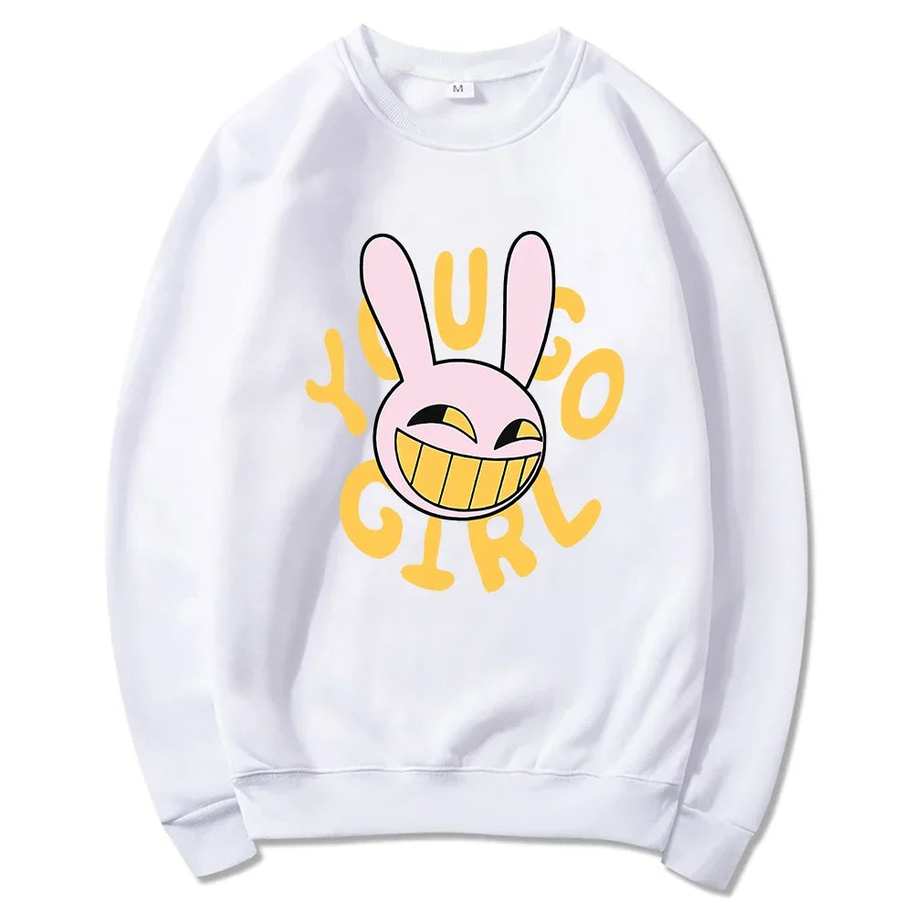 White crewneck sweatshirt featuring a pink cartoon bunny with yellow eyes and bold yellow yugo girl lettering for fashion women harajuku and digital circus jax rabbit hoodie unisex
