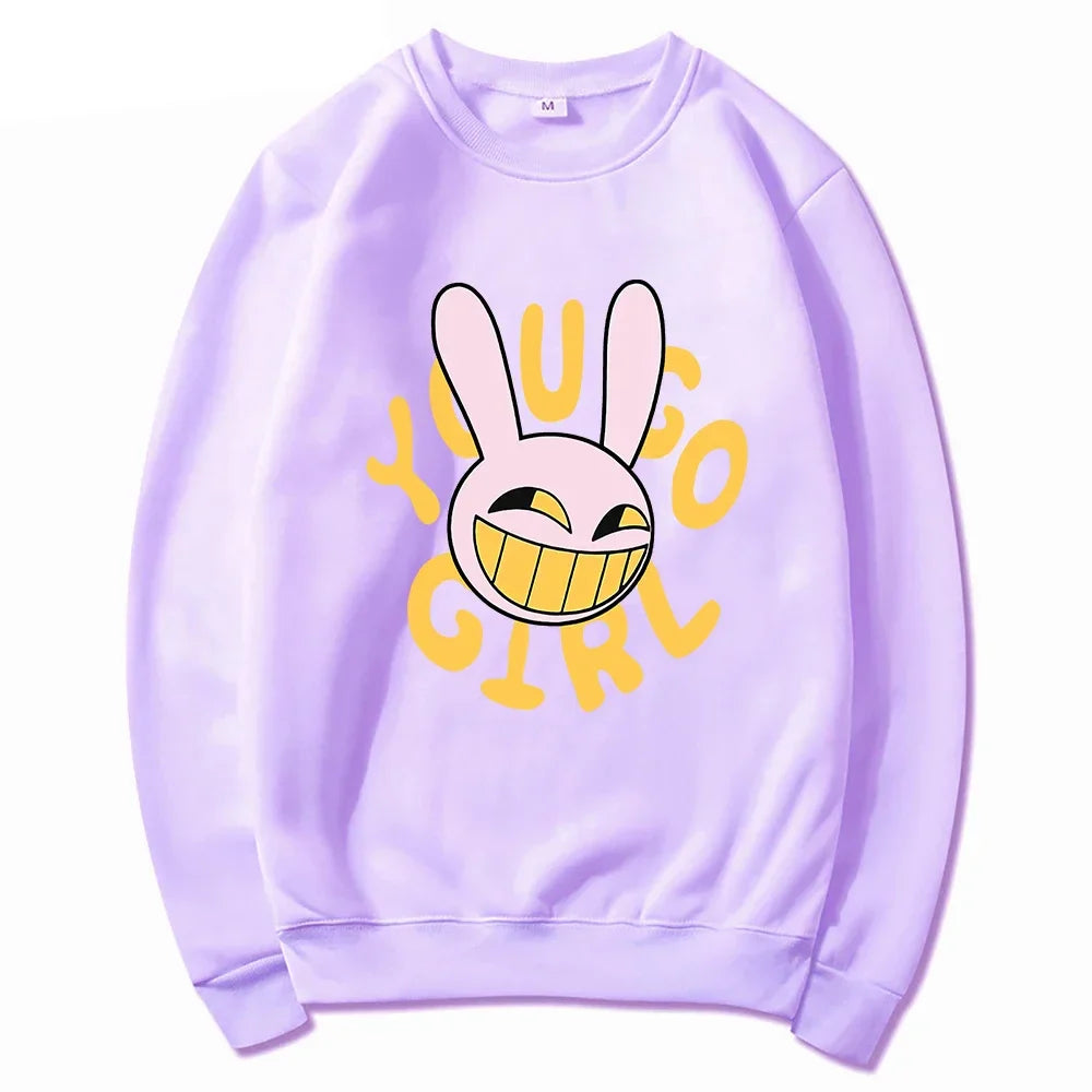 Lavender crewneck sweatshirt featuring a digital circus jax cartoon bunny with yellow eyes and yugo girl lettering for fashion women harajuku and rabbit hoodie unisex style
