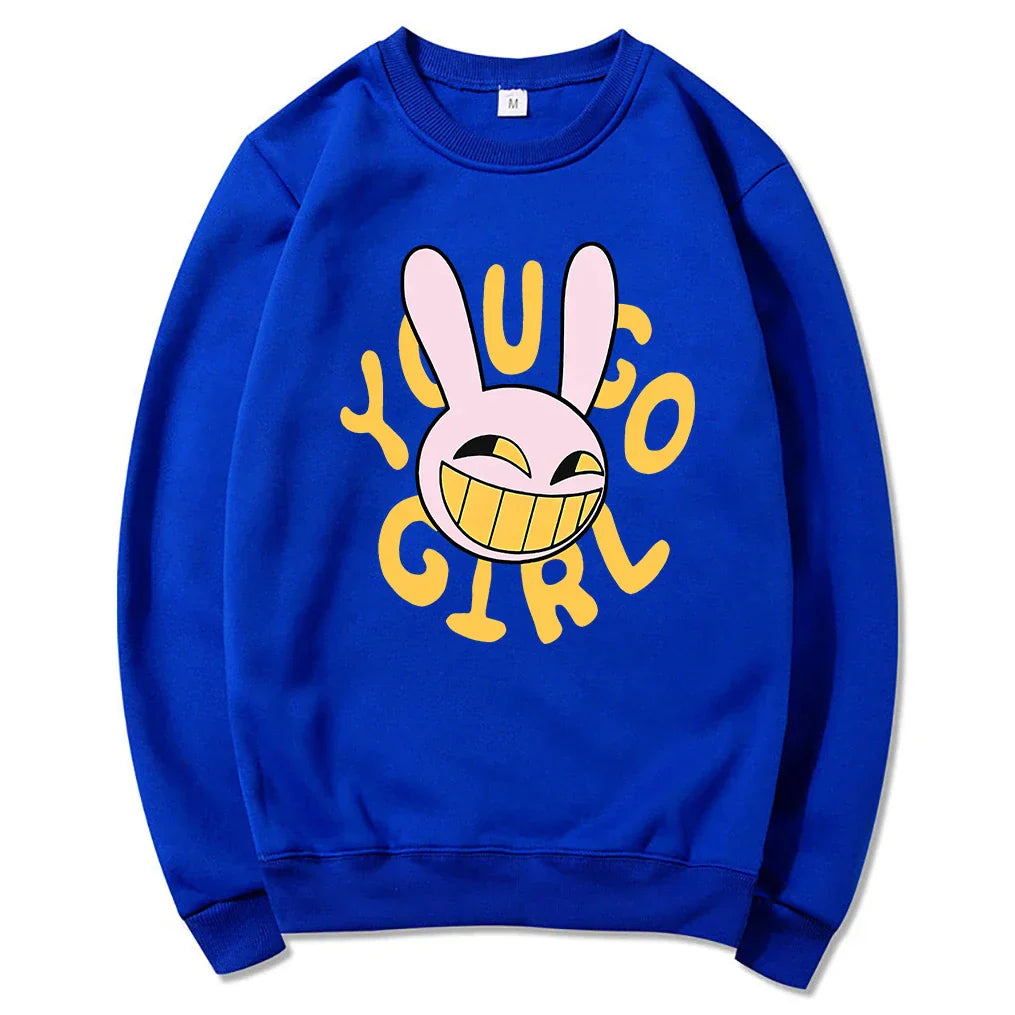 Blue crewneck sweatshirt featuring a cartoon pink bunny with yellow eyes and teeth with bold yellow yugo girl lettering for fashion women harajuku and rabbit hoodie unisex styles
