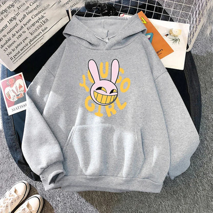 Gray cotton hoodie featuring a pink cartoon bunny with a wide grin and yellow young girl text digital circus jax fashion women harajuku rabbit hoodie unisex