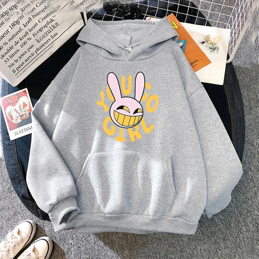 Gray cotton hoodie featuring a pink cartoon bunny with a wide grin and yellow young girl text digital circus jax fashion women harajuku rabbit hoodie unisex