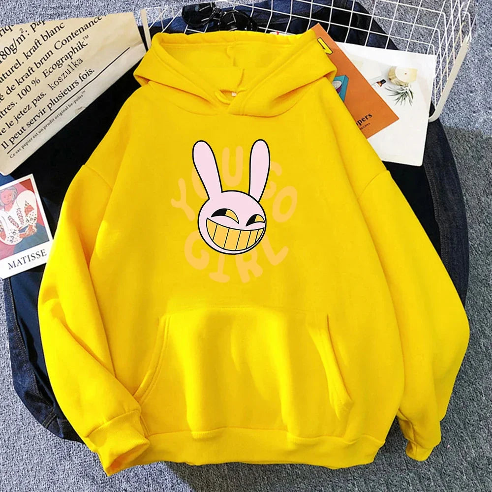 Bright yellow digital circus jax rabbit hoodie unisex featuring a cartoon bunny face and faded pink young girl lettering for women harajuku fashion