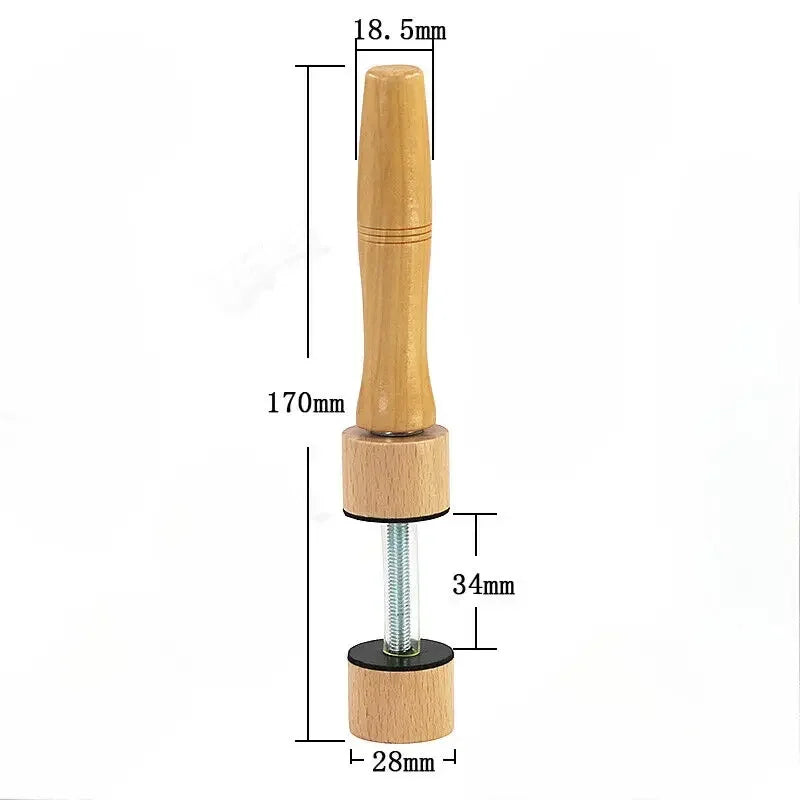 Light brown wooden-handled closure jig violin with metal threaded shaft and black rubberized base for jig violin making