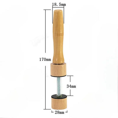 Light brown wooden-handled closure jig violin with metal threaded shaft and black rubberized base for jig violin making