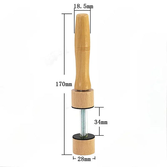 Light brown wooden-handled closure jig violin with metal threaded shaft and black rubberized base for jig violin making