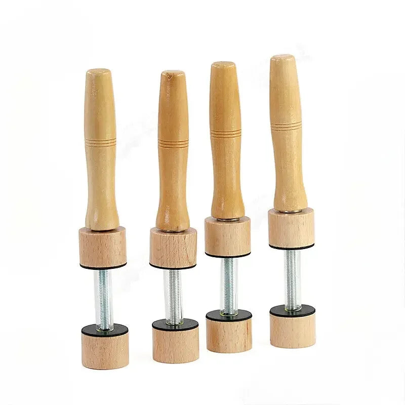 Set of four light wooden-handled adjustable closure jig violin clamps with metal rods for jig violin making and closure jig production
