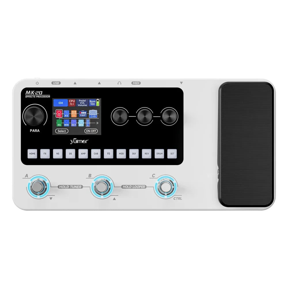 White yuimer mk-20 multi-effects processor pedal with black touchscreen, three rotary knobs, and footswitches for guitar and bass