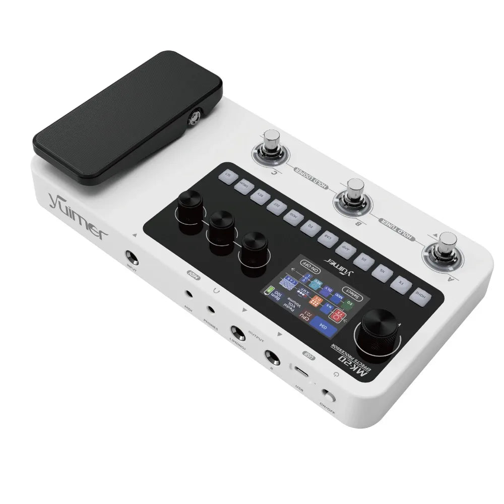 White yuimer mk50 dcsw guitar effects processor with black foot pedal knobs buttons and illuminated screen for guitar bass use