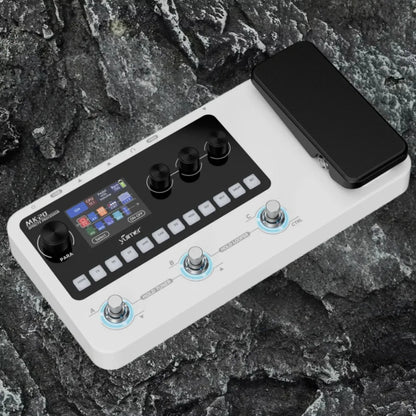 White yuimer mk-20 multi-effects processor pedal with black control panel, colorful touchscreen, knobs, and footswitches for guitar and bass