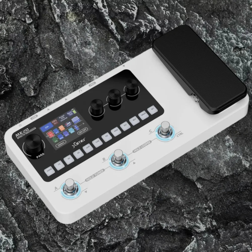 White yuimer mk-20 multi-effects processor pedal with black control panel colorful touchscreen drum machine tuner looper pedal usb