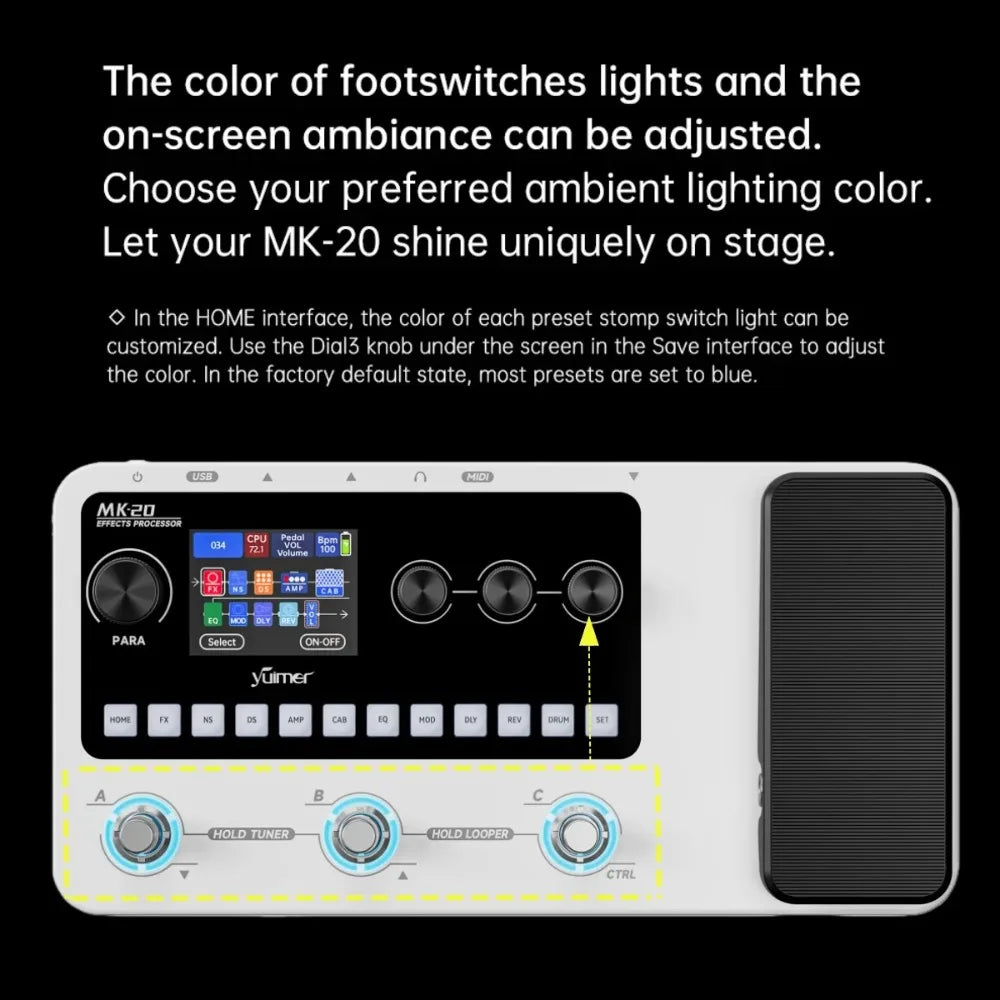 White yūmer mk-20 multi-effects processor pedal with black touchscreen display silver knobs for guitar and bass use