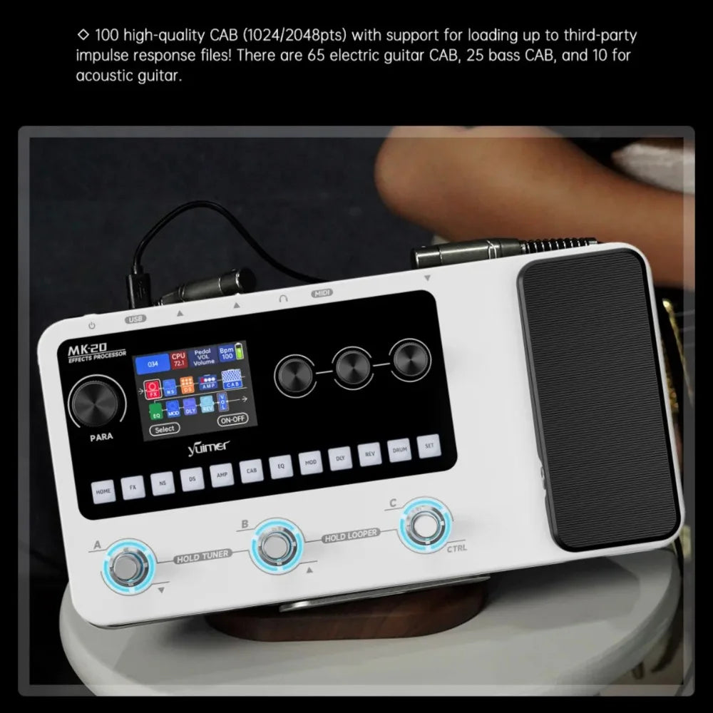 White yumer mk20 multi-effects processor pedal with black touchscreen, three rotary knobs, and blue-accented control buttons