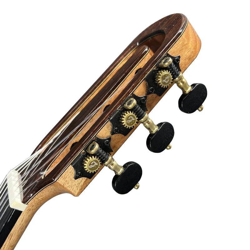 The headstock of a yulong guo handmade solo aechoes classical guitar with polished light brown solid nomex double top wood