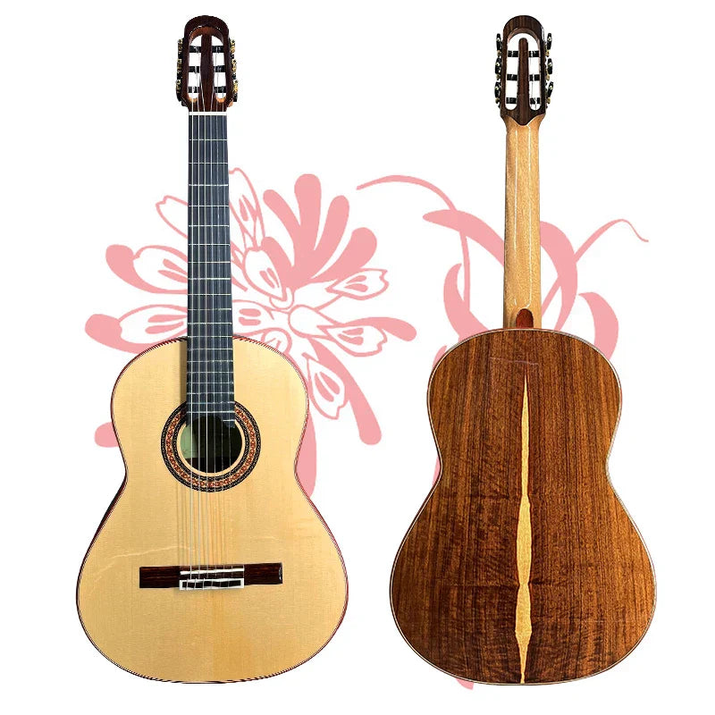 Classical guitar with light natural wood body and dark fretboard featuring intricate inlay on a yulong guo handmade solid nomex double top model