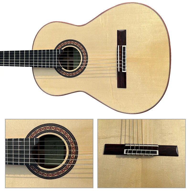 A light wooden yulong guo handmade solo aechoes solid nomex double top classical guitar with dark rosette and bridge