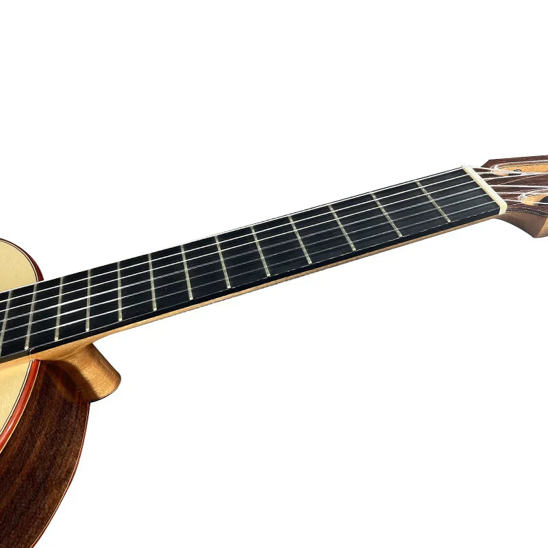 A yulong guo handmade solo aechoes classical guitar with solid nomex double top, natural wood finish, and dark fretboard